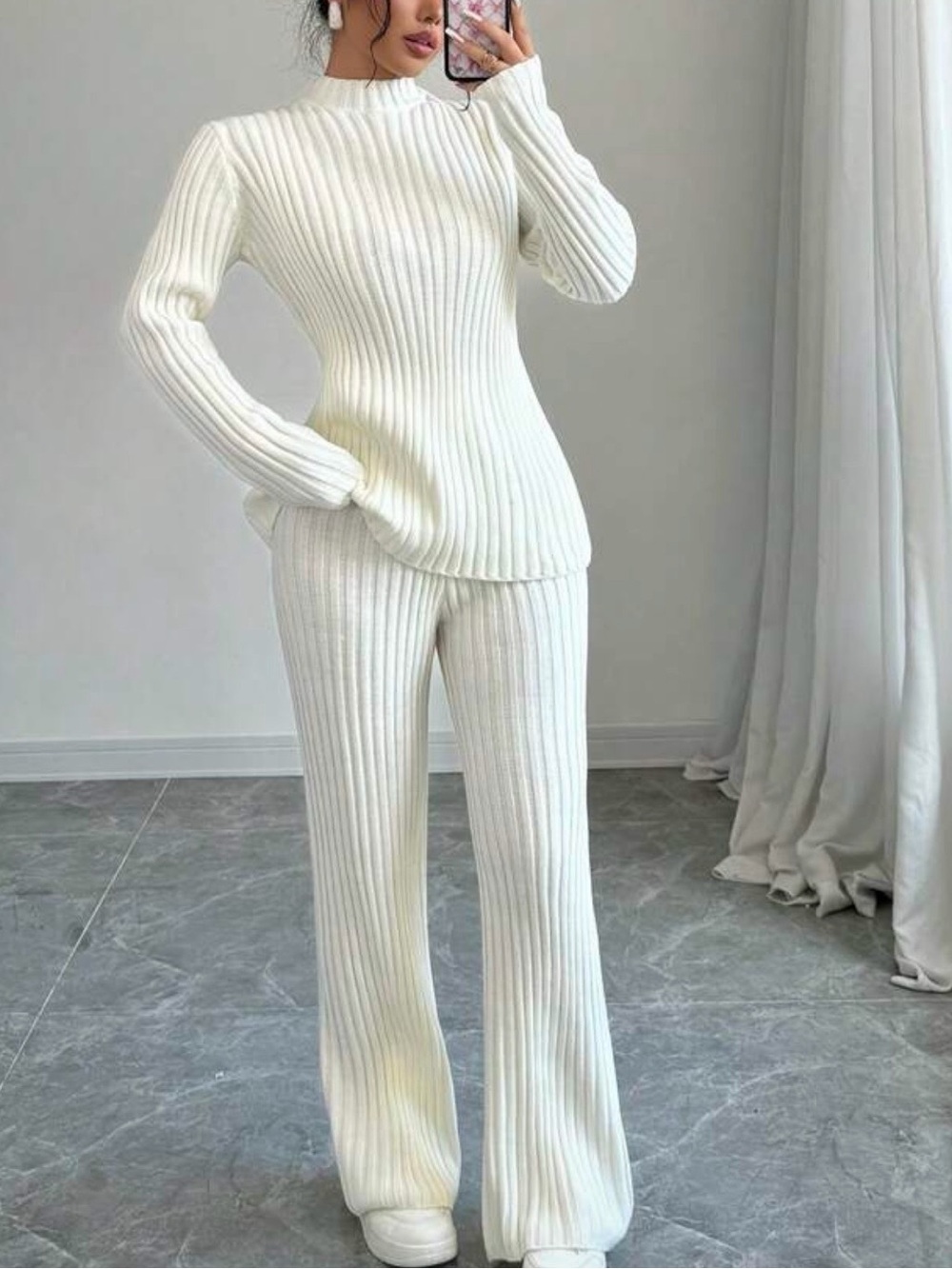 Ribbed Knit Cowl-Neck Sweater Set - White